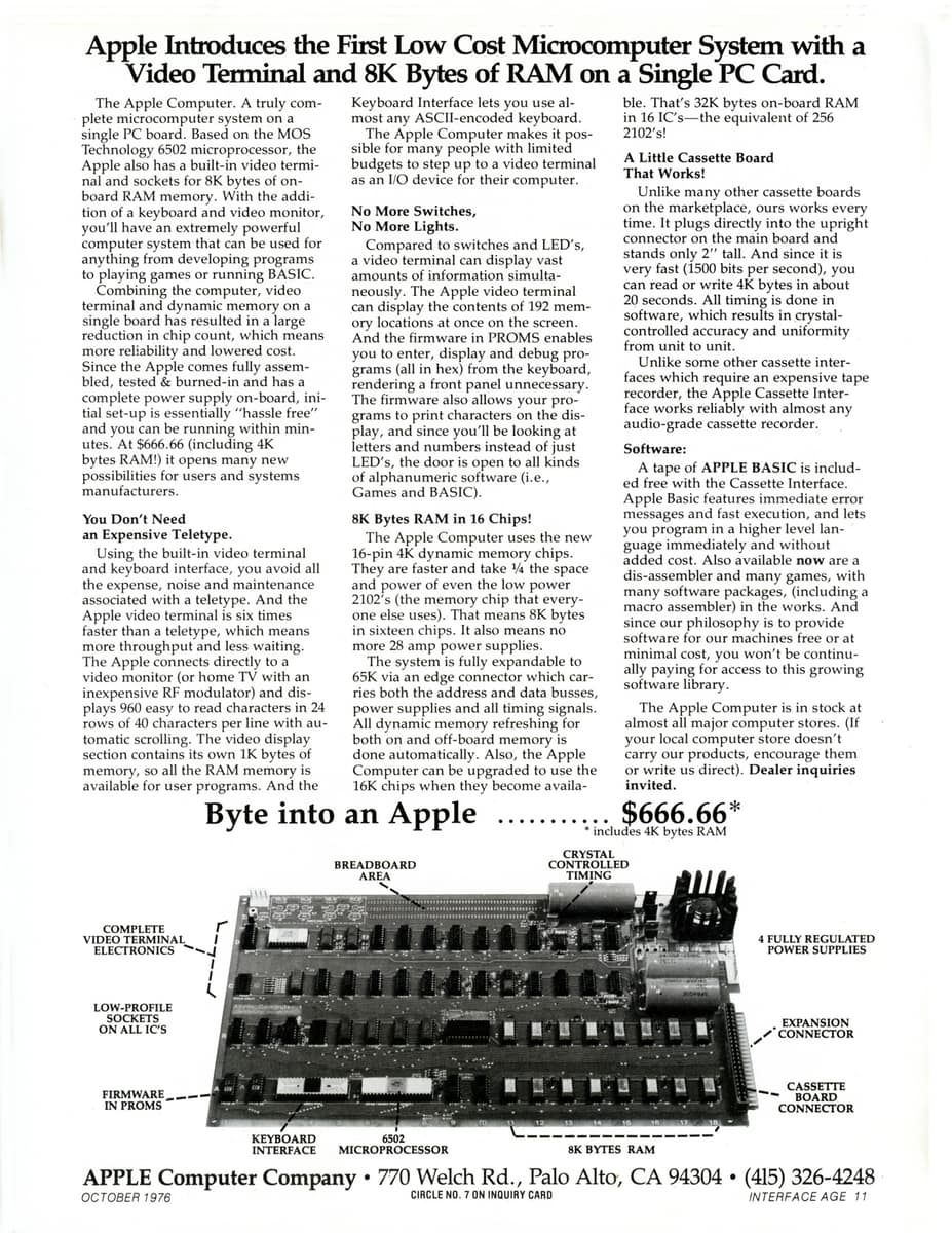 Introductory print advertisement for the Apple Computer 1, published October 1976.