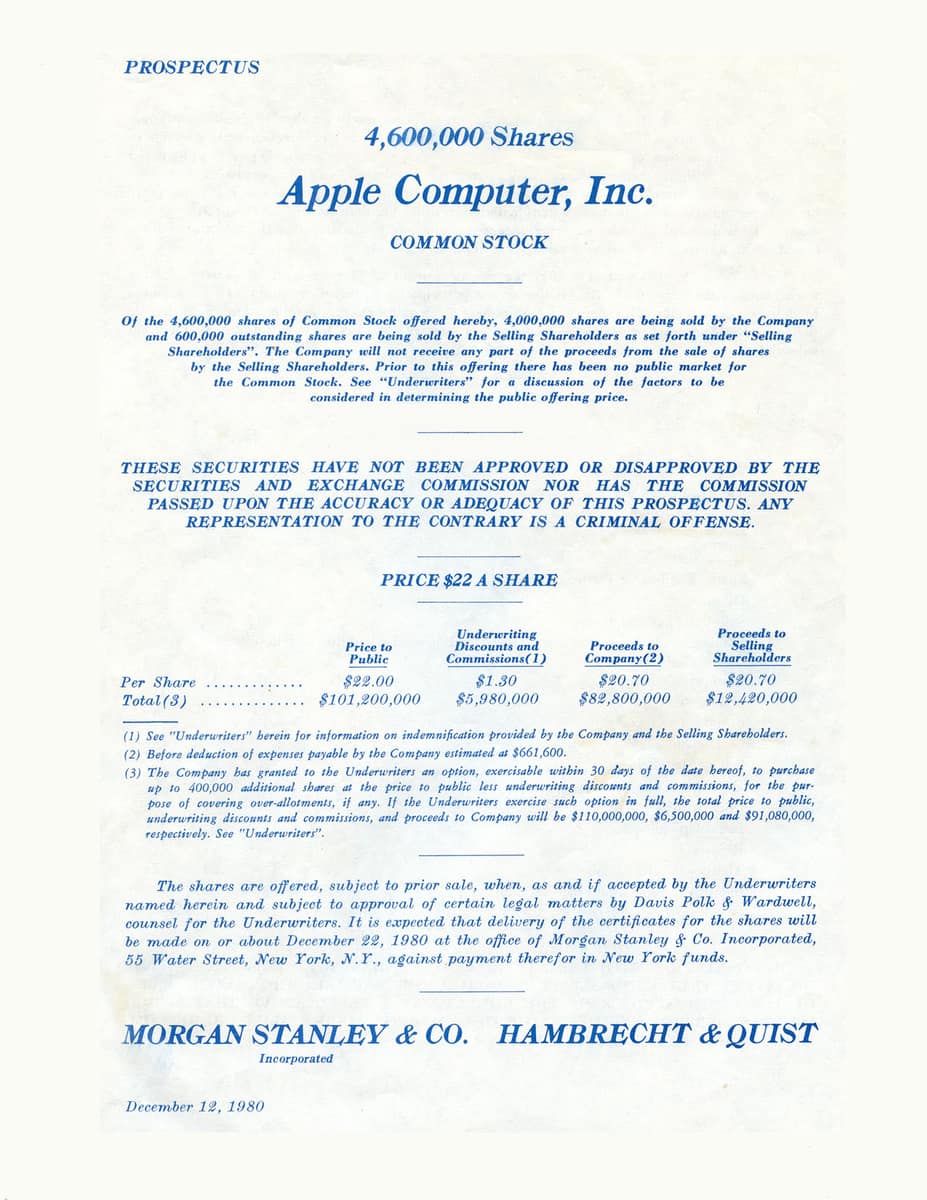 Cover of Apple Computer's December 1980 IPO prospectus, showing 4.6 million shares offered at $22 each, underwritten by Morgan Stanley and Hambrecht & Quist.