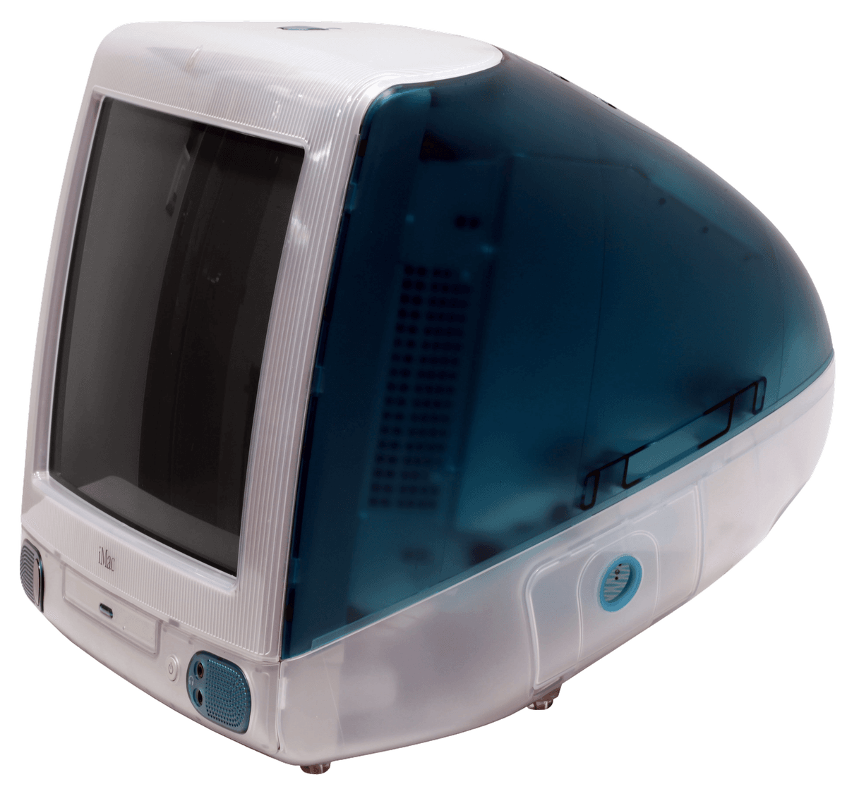 Three-quarter view of a translucent Bondi blue Apple iMac G3 all-in-one computer with a built-in CRT display