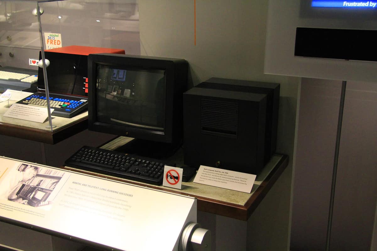 A black cube-shaped NeXTcube workstation computer from 1990 on display at the Computer History Museum