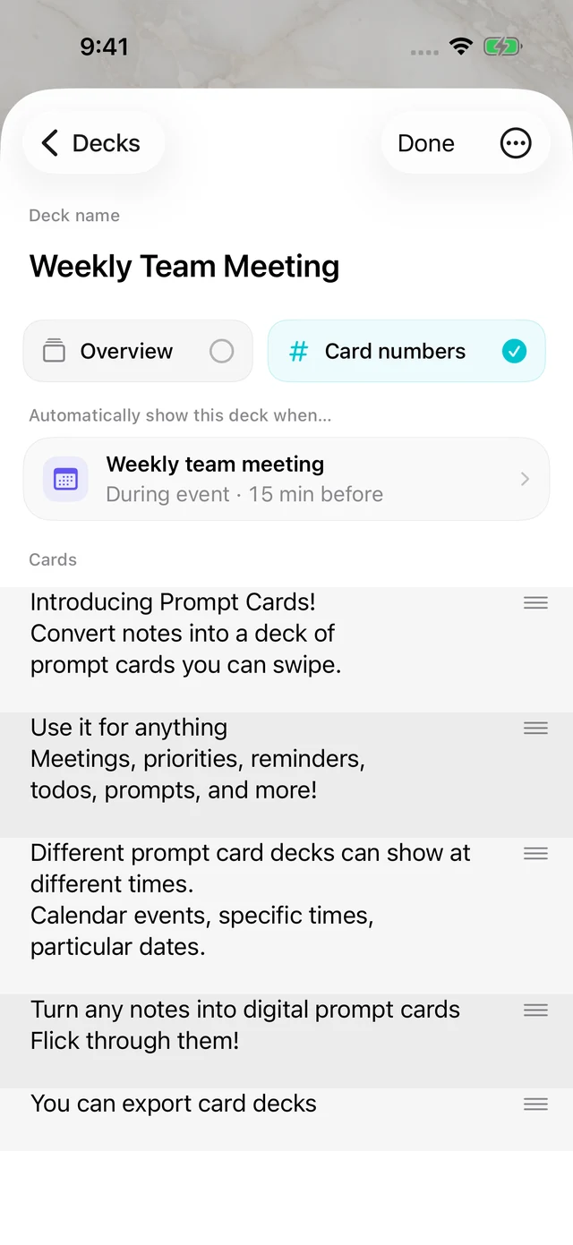 An example deck in the notes editor, with card numbers enabled and an overview switch.