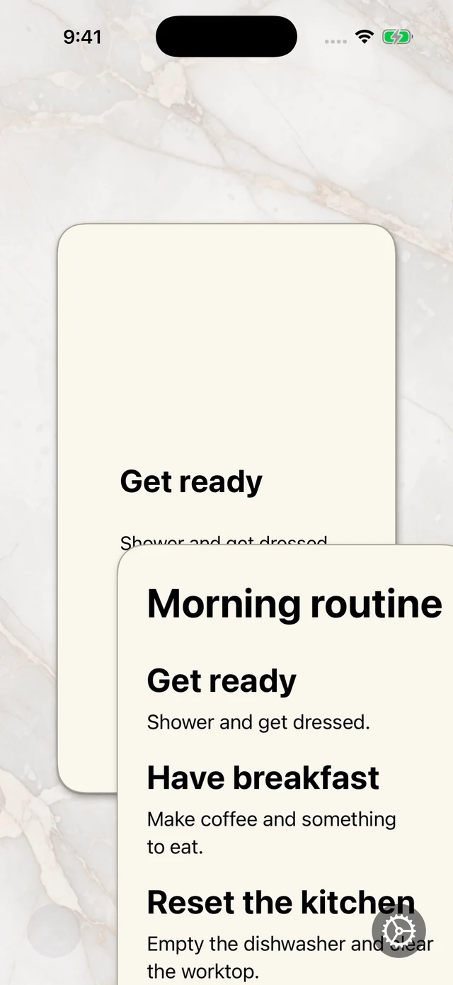 An example overview being swiped aside to reveal a card titled Get ready.