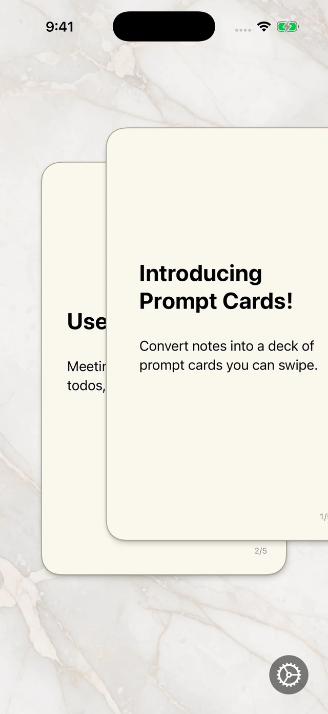 An example deck mid-swipe, introducing Prompt Cards and everyday uses for your notes.