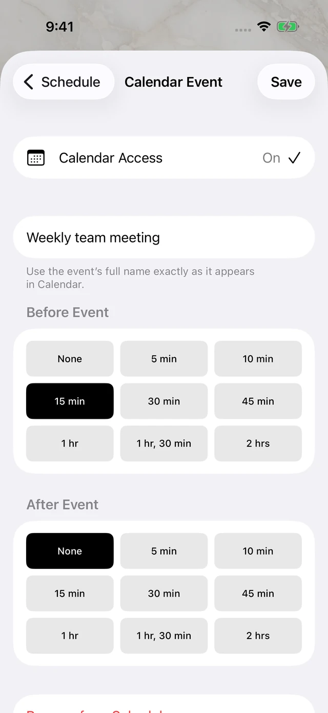 An example Calendar event rule set to bring a deck forward 15 minutes before the event.